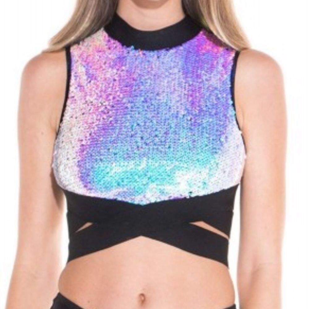 IHeartRaves Hologram Mesh & Sequin Top